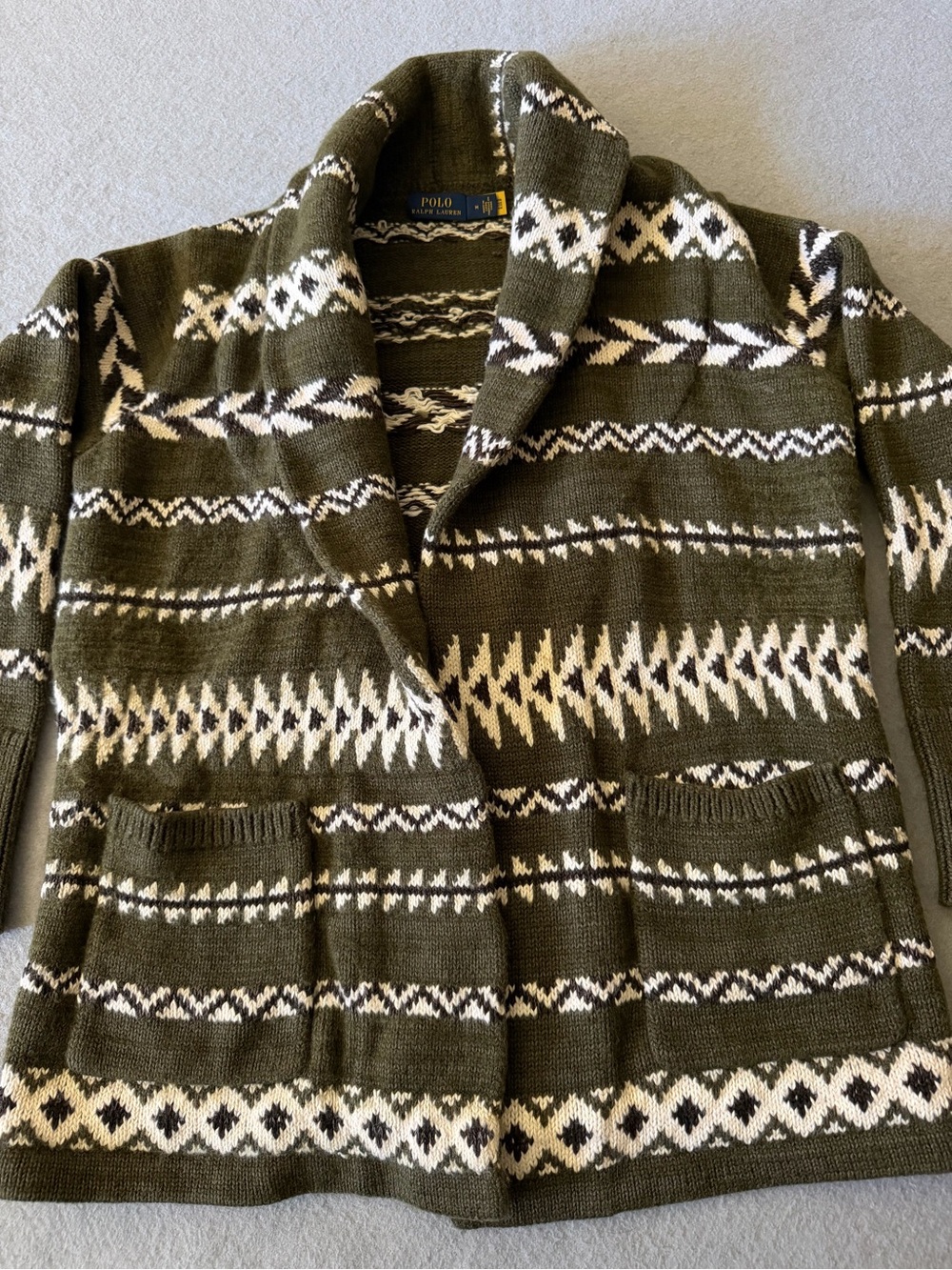 Polo Ralph Lauren Women Medium Fair Isle Belted Cardigan Olive Wool Linen Preppy - Picture 6 of 9